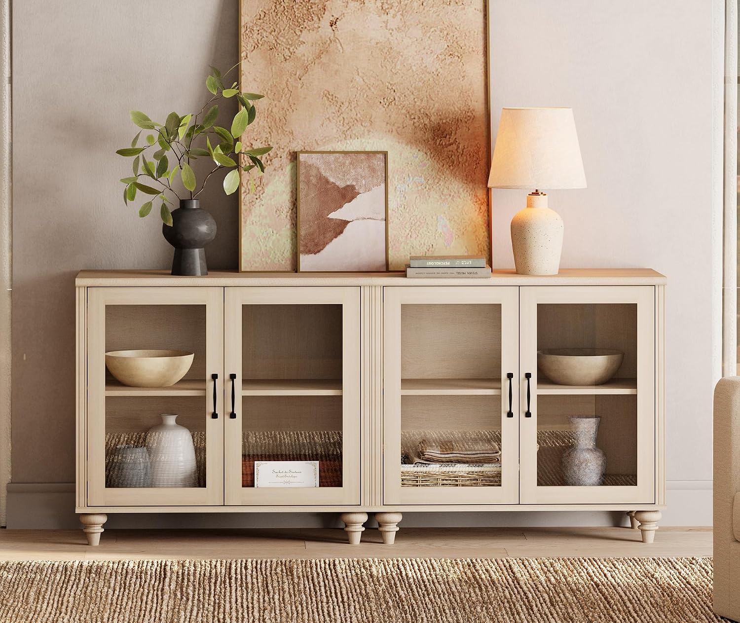 Vintage Collectible Glass - Wood Storage Sideboard Buffet Cabinet Collection